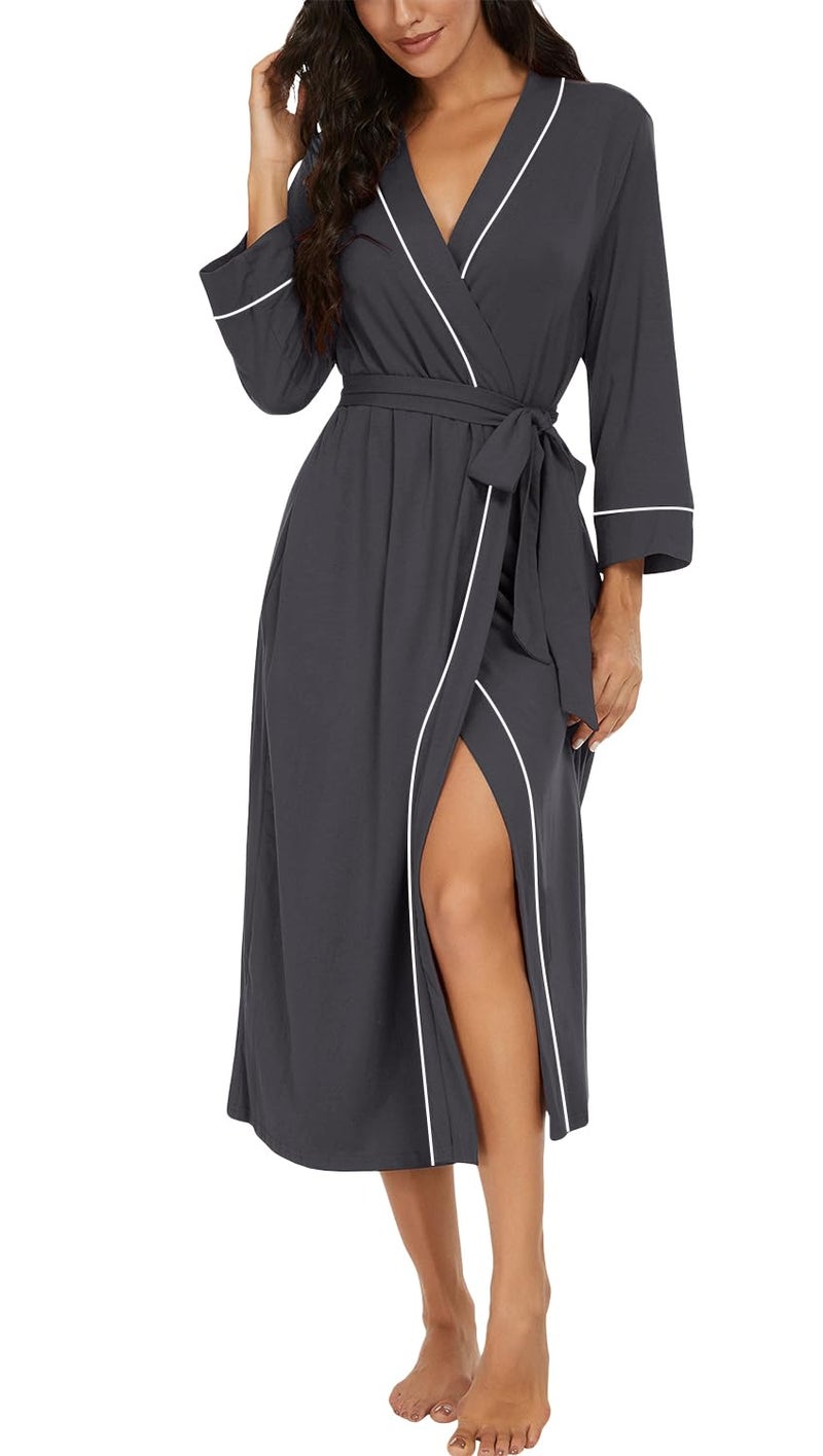 PrinStory Womens Robe Long Kint Bathrobe Lightweight Soft Robes Ladies Bath Robe Dark Gray-M - Image 1