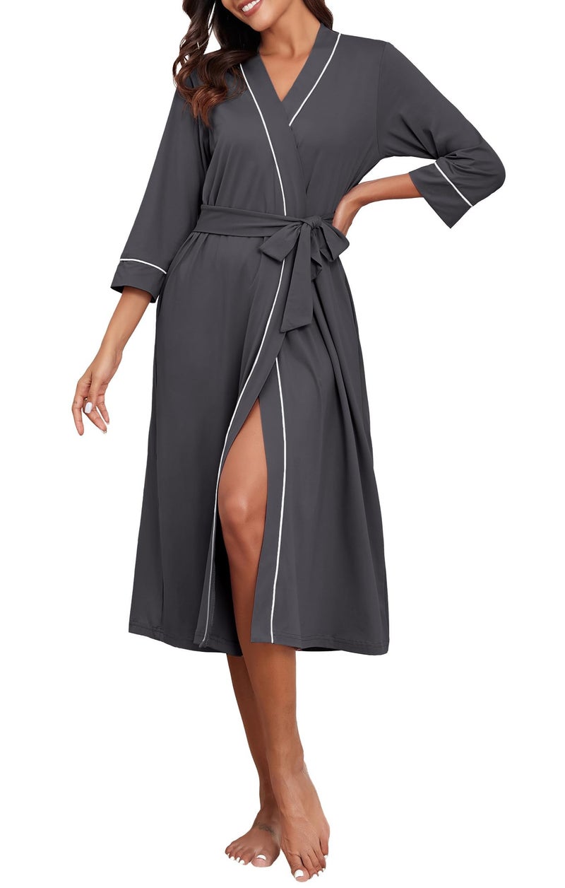 PrinStory Womens Robe Long Kint Bathrobe Lightweight Soft Robes Ladies Bath Robe Dark Gray-M - Image 2