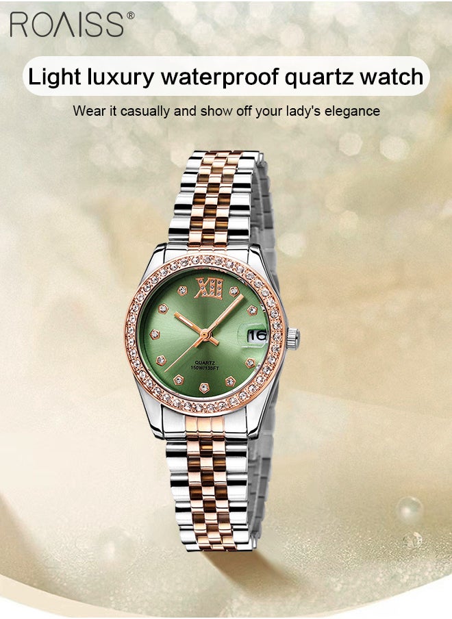 roaiss - Women's Steel Band Quartz Watch, Analog Display Round Green Dial with Diamonds Decoration, Waterproof Luxurious Fashion Wristwatch as Gift for Ladies - Image 1