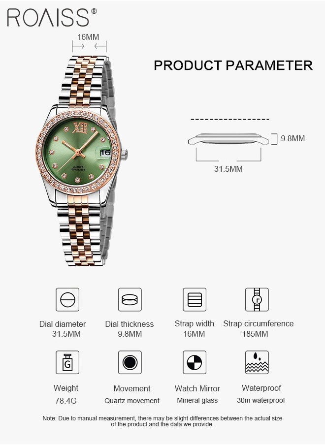 roaiss - Women's Steel Band Quartz Watch, Analog Display Round Green Dial with Diamonds Decoration, Waterproof Luxurious Fashion Wristwatch as Gift for Ladies - Image 1