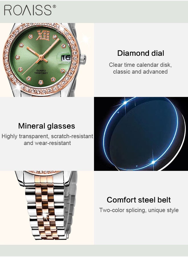 roaiss - Women's Steel Band Quartz Watch, Analog Display Round Green Dial with Diamonds Decoration, Waterproof Luxurious Fashion Wristwatch as Gift for Ladies - Image 1