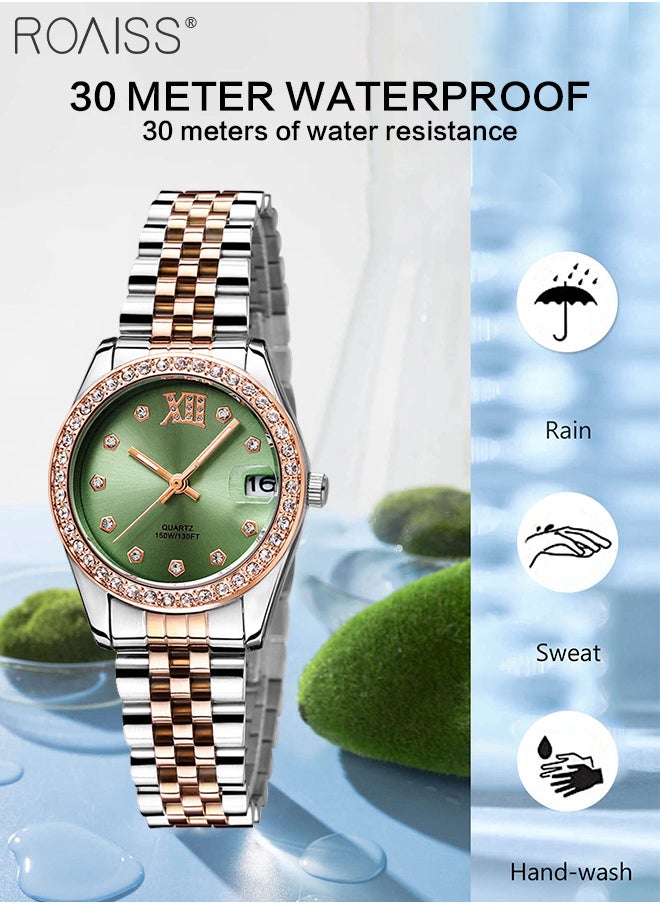 roaiss - Women's Steel Band Quartz Watch, Analog Display Round Green Dial with Diamonds Decoration, Waterproof Luxurious Fashion Wristwatch as Gift for Ladies - Image 1