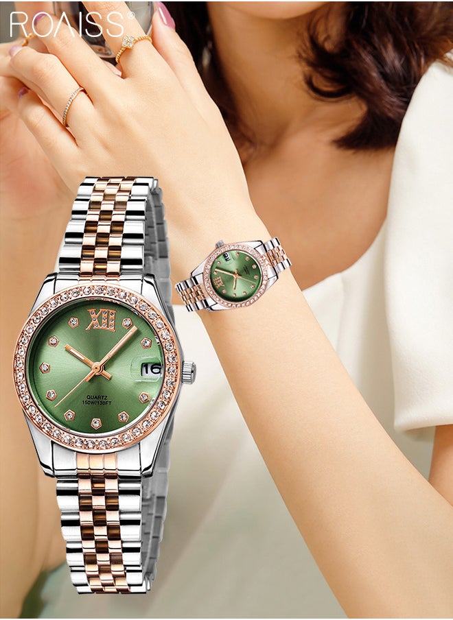 roaiss - Women's Steel Band Quartz Watch, Analog Display Round Green Dial with Diamonds Decoration, Waterproof Luxurious Fashion Wristwatch as Gift for Ladies - Image 1