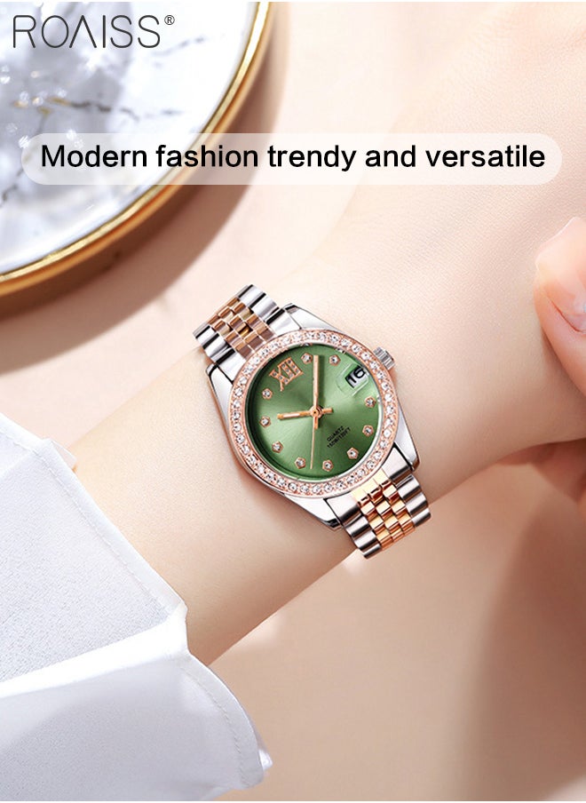 roaiss - Women's Steel Band Quartz Watch, Analog Display Round Green Dial with Diamonds Decoration, Waterproof Luxurious Fashion Wristwatch as Gift for Ladies - Image 1