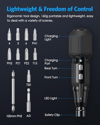 AMIR مفك كهربائي AMIR بدون سلك، مجموعة مفكات طاقة قابلة لإعادة الشحن، مجموعة أدوات إصلاح منزلية تلقائية محمولة مع أضواء LED وكابل USB - Image 3