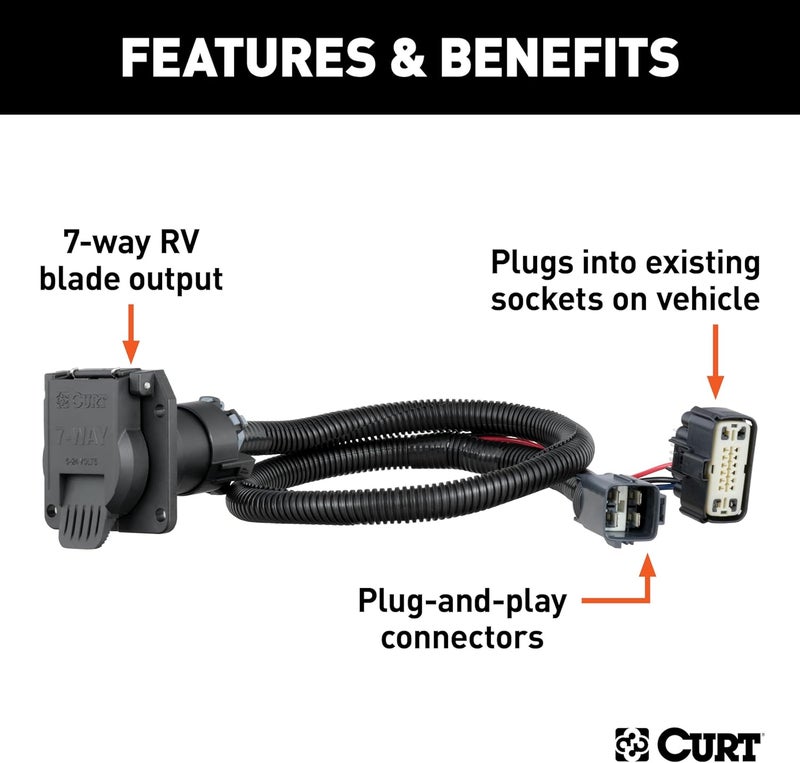 Curt كورت 56326 مجموعة أسلاك مقطورة 7 دبابيس مخصصة لجانب المركبة لسيارات شيفروليه بليزر، كاديلاك XT5، XT6، جي إم سي أكاديا - Image 2