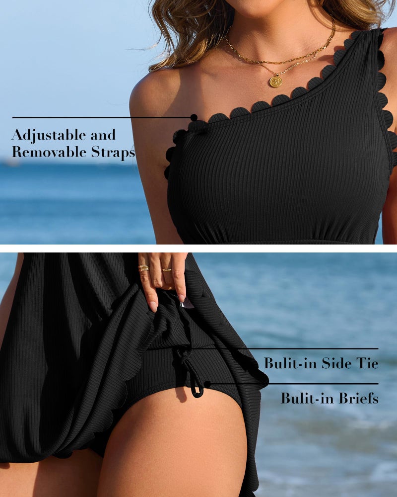 Charmo One Piece Swimsuit Women Tummy Control Swim Dresses Modest Full Coverage One Shoulder Scalloped One Piece Womens Bathing Suits Black XL - Image 4