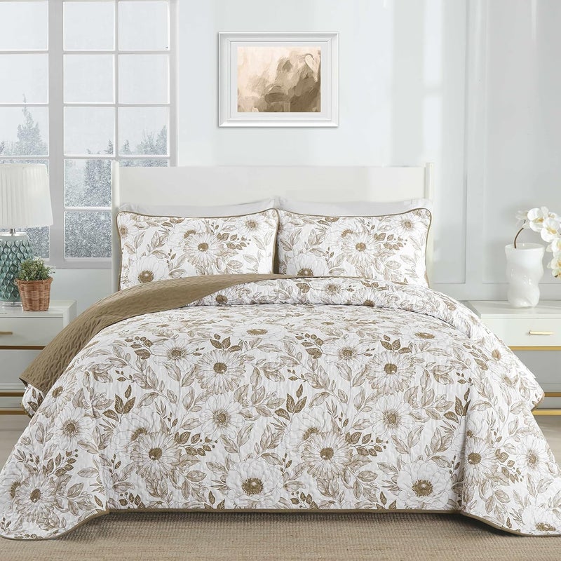 Drucon Khaki Floral Quilt Set Queen Size 3 Pieces Flower Quilt Coverlet Set with 2 Pillowcases Lightweight Soft Microfiber Bedding Set Bedspread for All Season 96"x90" - Image 1