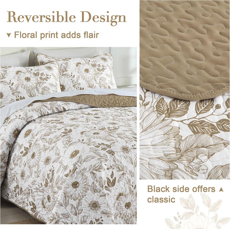 Drucon Khaki Floral Quilt Set Queen Size 3 Pieces Flower Quilt Coverlet Set with 2 Pillowcases Lightweight Soft Microfiber Bedding Set Bedspread for All Season 96"x90" - Image 4