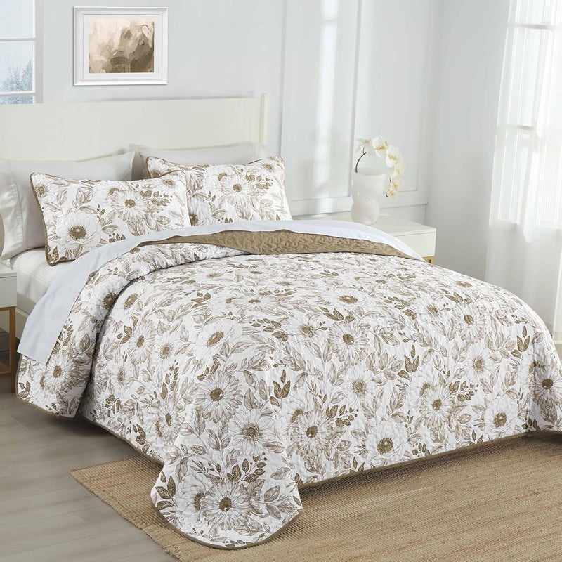 Drucon Khaki Floral Quilt Set Queen Size 3 Pieces Flower Quilt Coverlet Set with 2 Pillowcases Lightweight Soft Microfiber Bedding Set Bedspread for All Season 96"x90" - Image 2