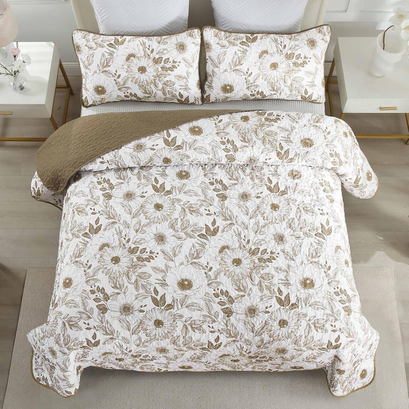 Drucon Khaki Floral Quilt Set Queen Size 3 Pieces Flower Quilt Coverlet Set with 2 Pillowcases Lightweight Soft Microfiber Bedding Set Bedspread for All Season 96"x90" - Image 3