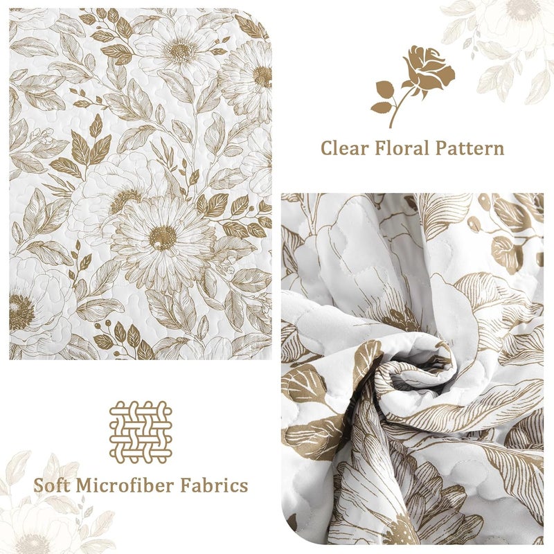 Drucon Khaki Floral Quilt Set Queen Size 3 Pieces Flower Quilt Coverlet Set with 2 Pillowcases Lightweight Soft Microfiber Bedding Set Bedspread for All Season 96"x90" - Image 5