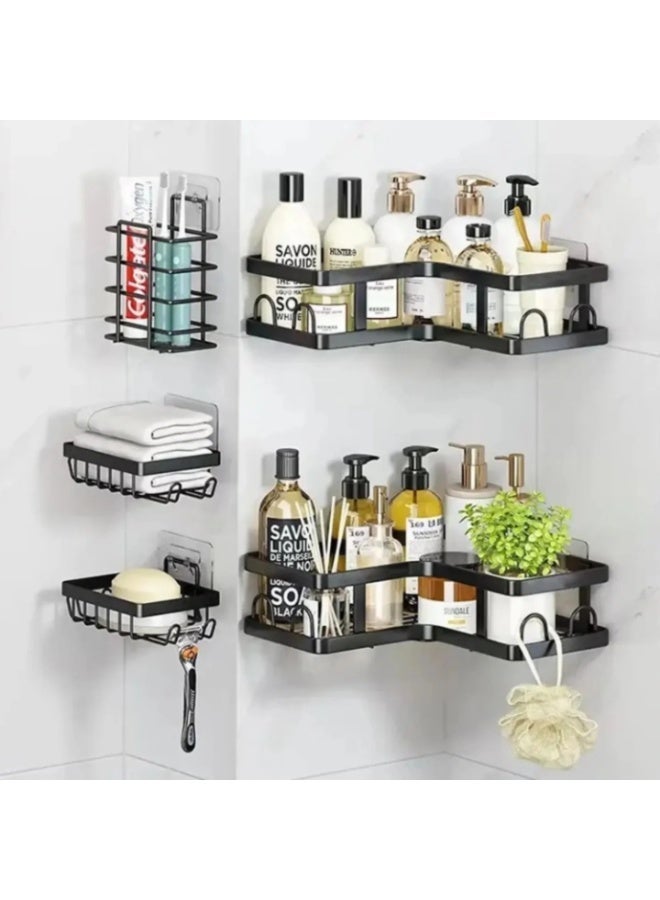 Evatilyoo Corner Shower Caddy 5 Pack, Adhesive Shower Organizer, Shower Rack with 16 Hooks, Large Capacity, Rustproof Stainless Steel Shower Shelf for Inside Shower & Bathroom Storage&Home Decor, Black - Image 2