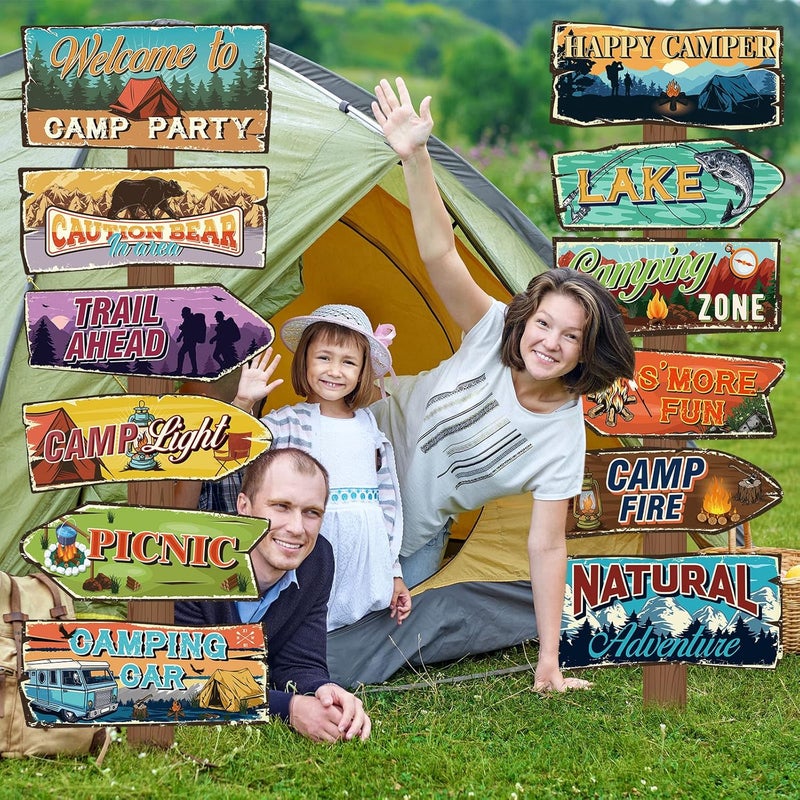 Qunclay Qunclay 24 Pcs Camping Party Sign Party Decor Camping Themed Cutouts Rustic Welcome Yard Wall Directional Signs for Party Supplies Backdrop Decoration  - Image 5