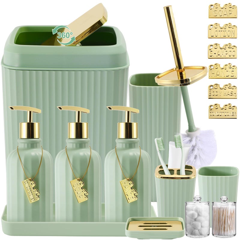 WSBArt 17PCS Bathroom Accessory Set Bathroom Set Green Bathroom DecorToilet Brush Trash Can Qtip Holder Dispenser 3PCS Soap Dispenser - Image 2