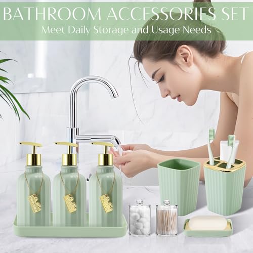 WSBArt 17PCS Bathroom Accessory Set Bathroom Set Green Bathroom DecorToilet Brush Trash Can Qtip Holder Dispenser 3PCS Soap Dispenser - Image 3