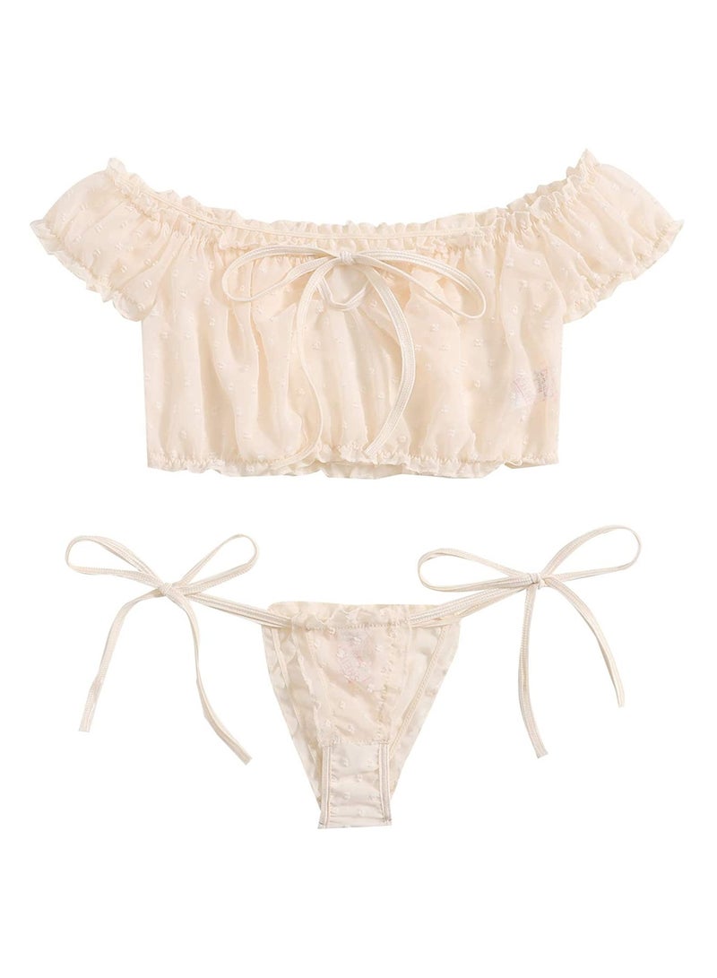 Women's Jacquard Lace Up Pleated Trim Underwear Set Bra and Underwear - Image 1