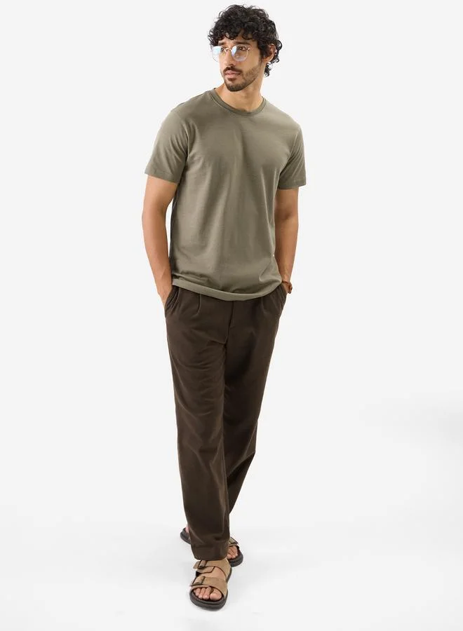 The Souled Store Men Khaki Plain Interlock Cotton T-Shirt