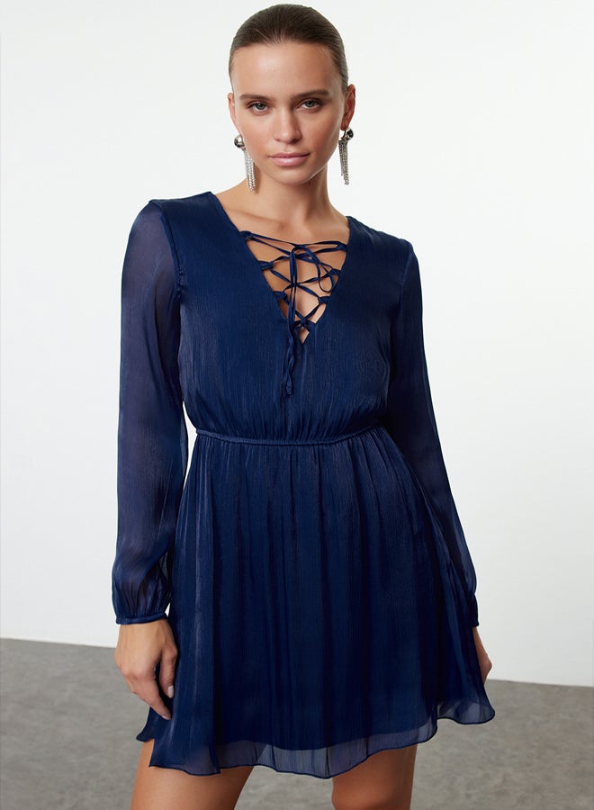 Navy Blue A-Line Glittery Lined Chiffon Woven Mini Dress TPRAW25EL00095