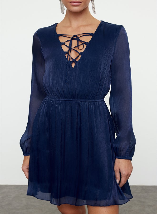 Navy Blue A-Line Glittery Lined Chiffon Woven Mini Dress TPRAW25EL00095