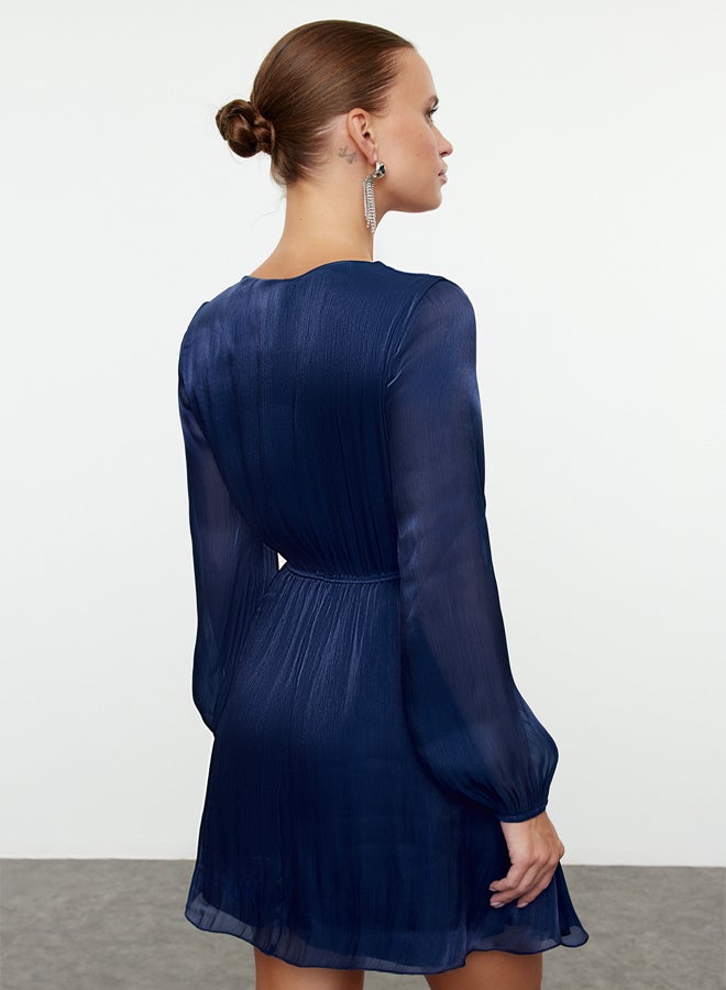 Navy Blue A-Line Glittery Lined Chiffon Woven Mini Dress TPRAW25EL00095