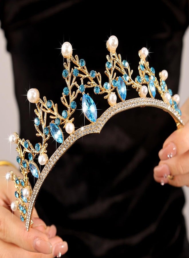 Rannyrena Baroque Pearl Crystal Wedding Tiaras and Crowns for Women Elegant Bridal Pearl Rhinestone Crown Queen Princess Costume Accessories for Birthday Party Prom (Gold-light blue) - Image 3