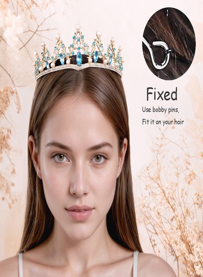 Rannyrena Baroque Pearl Crystal Wedding Tiaras and Crowns for Women Elegant Bridal Pearl Rhinestone Crown Queen Princess Costume Accessories for Birthday Party Prom (Gold-light blue) - Image 2