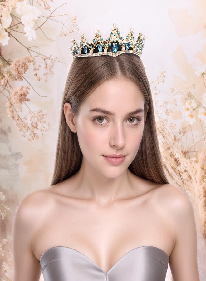 Rannyrena Baroque Pearl Crystal Wedding Tiaras and Crowns for Women Elegant Bridal Pearl Rhinestone Crown Queen Princess Costume Accessories for Birthday Party Prom (Gold-light blue) - Image 5