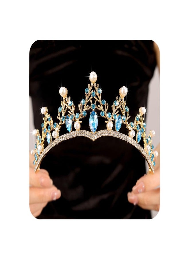 Rannyrena Baroque Pearl Crystal Wedding Tiaras and Crowns for Women Elegant Bridal Pearl Rhinestone Crown Queen Princess Costume Accessories for Birthday Party Prom (Gold-light blue) - Image 1
