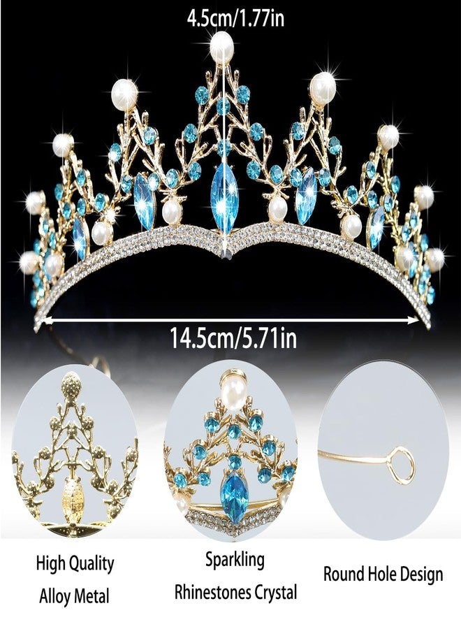 Rannyrena Baroque Pearl Crystal Wedding Tiaras and Crowns for Women Elegant Bridal Pearl Rhinestone Crown Queen Princess Costume Accessories for Birthday Party Prom (Gold-light blue) - Image 4