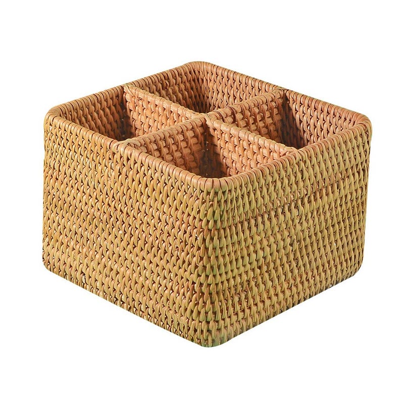 i-lan Natural Rattan 4 Compartments Cooking Utensil Silverware Organizer Holder Cosmetics Storage Box Cutlery Caddy Flatware Serving Basket (180mm 4-Compartment Box) - Image 1