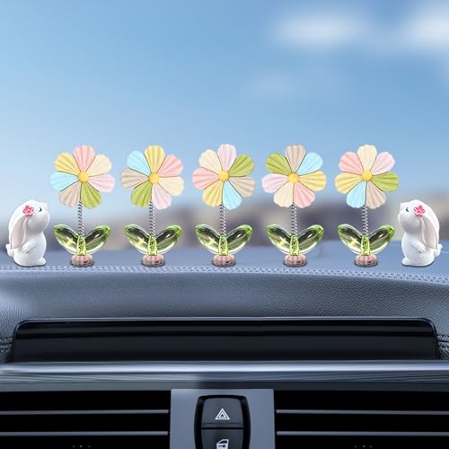 Kurilai 7pcs Cute Car Rearview Mirror Accessories Funny Bunny Car Ornament Shaking Spring Flower Dashboard Decorations Interior Decor Present for Men Women - Image 1