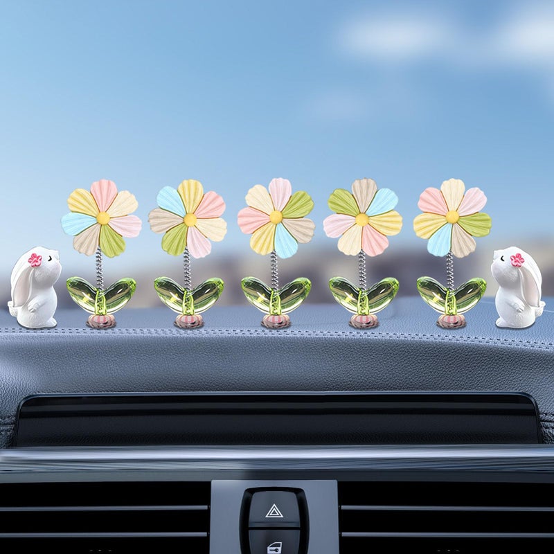 Kurilai 7pcs Cute Car Rearview Mirror Accessories Funny Bunny Car Ornament Shaking Spring Flower Dashboard Decorations Interior Decor Present for Men Women - Image 3