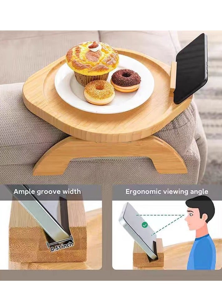 Generic Bamboo Sofa Arm Tray with 360° Rotating Phone Holder, Ideal for Snacks and Drinks  - Image 1