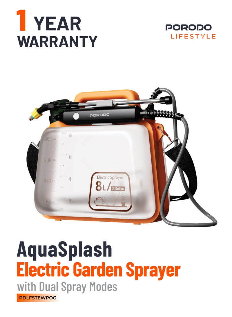 AquaSplash Portable Electric Garden Sprayer with Dual Spray Modes & 8L Capacity / 3 Multi Shape Nozzles Included / 1500 mAh Rechargeable Battery - Orange
