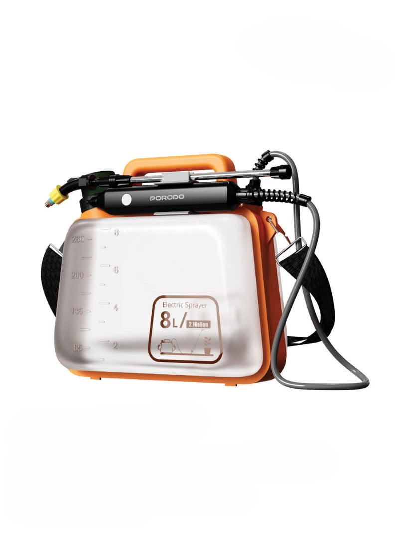 porodo Battery Powered Sprayer, Battery Powered Electric with handle, 8L Capacity with 3 Nozzles, Dual spray Mode, Garden Sprayer with Adjustable Shoulder Strap for Lawn & Garden - Orange - Image 1