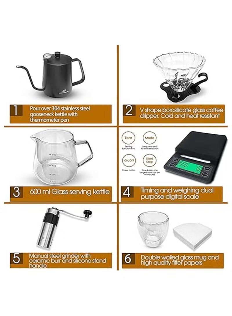 دينكس طقم قهوة V60 | ماكينة تحضير القهوة بالتقطير | يوفر ميزان قهوة، قمع تقطير زجاجي، مطحنة يدوية، إبريق صب، فلتر ورقي، وكوبين مزدوجين - Image 5
