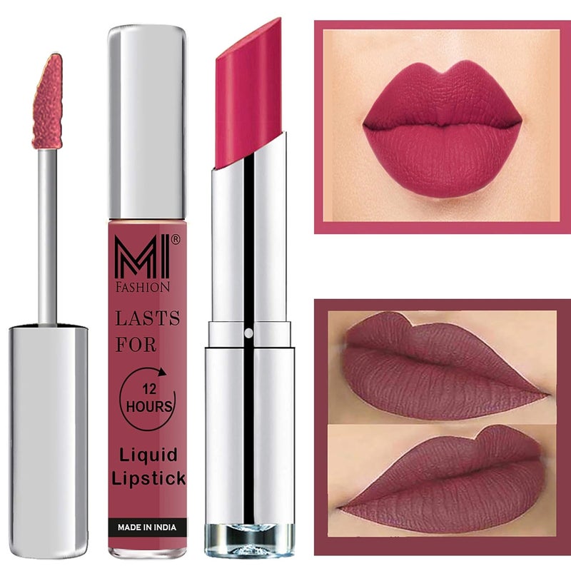 MI Fashion Made in India Lipstick Combo Offers 100 Veg Long Lasting Light Chocolate Liquid Matte Lipstick Dark Magenta Creamy Matte Lipstick - Image 1