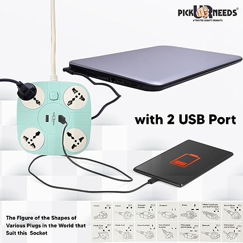 Pick Ur Needs Extension/Cord/Board/Switch/Power Strip with 2 USB Charging Ports and 4 Socket - 10 Amp Heavy Duty for Multiple Devices Smartphone Tablet Laptop(Green) - Image 5