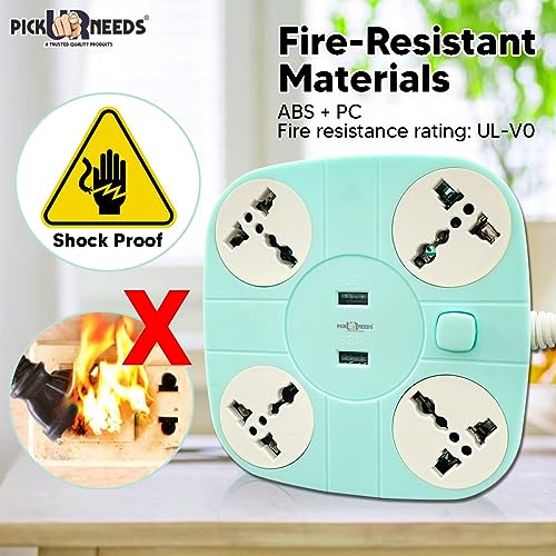 Pick Ur Needs Extension/Cord/Board/Switch/Power Strip with 2 USB Charging Ports and 4 Socket - 10 Amp Heavy Duty for Multiple Devices Smartphone Tablet Laptop(Green) - Image 4