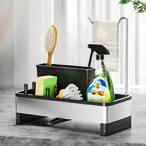 Ewaiira Sponge Holder for Kitchen Sink Stainless Steel Sink Caddy with Brush Holder Dishcloth Rack Countertop Sink Organizer Soap Dispenser Kitchen Organizers Storage Essentials DBlack 98 - Image 1