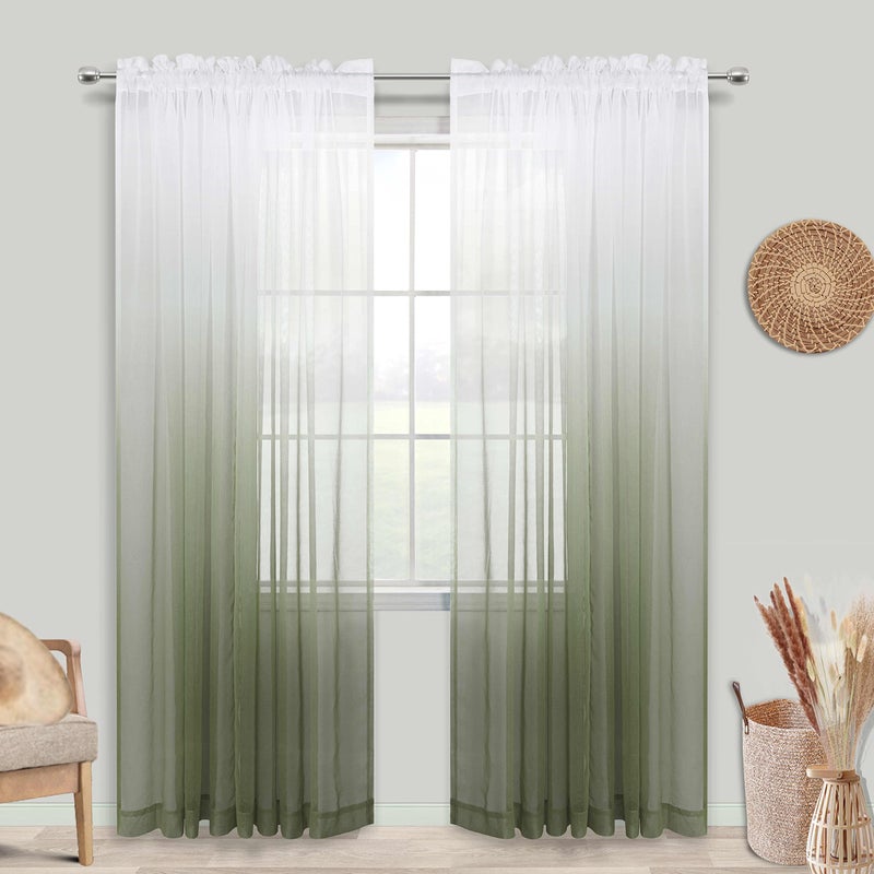 KOUFALL Sage Green Curtains Sheer 84 Inches Long Light Green and White Ombre Boho Curtains for Bedroom Living Room 2 Panels