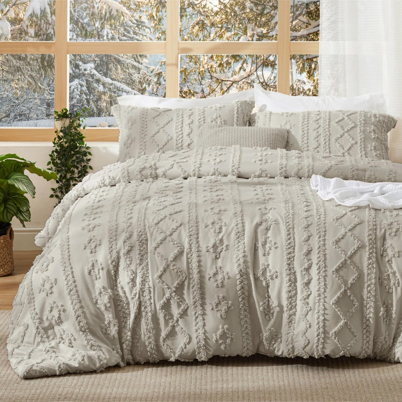 Bedsure Tufted Boho Comforter Set Full Size - Linen Boho Bed Set, GentleSoftâ„¢ 3 Pieces Farmhouse Shabby Chic Embroidery Bedding, Gifts for Woman, Soft Jacquard Full Comforter for All Seasons - Image 1