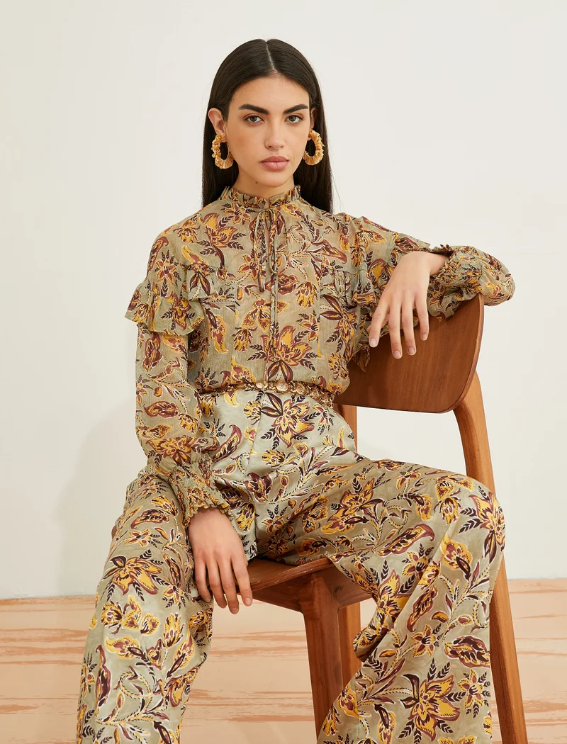 كوتون Frilled Blouse Long Sleeve