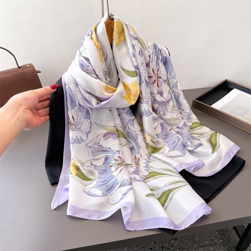 Korean-Style Floral Imitation Silk New Satin Fashion Sun-Protective Spring and Summer Style Long Scarf Shawl Versatile Headscarf Scarf - Image 4