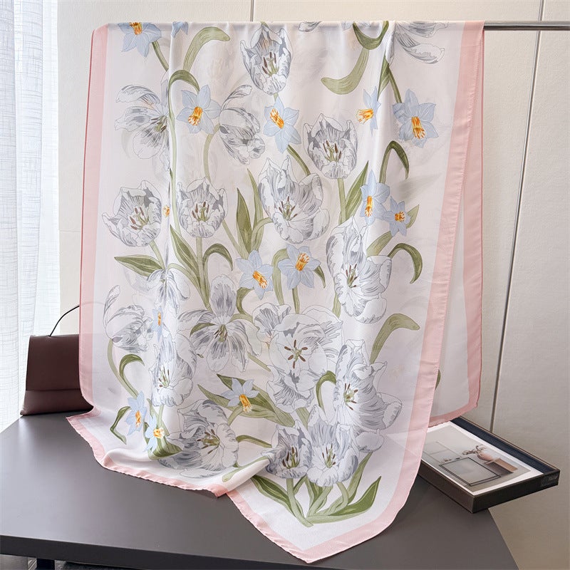 Korean-Style Floral Imitation Silk New Satin Fashion Sun-Protective Spring and Summer Style Long Scarf Shawl Versatile Headscarf Scarf - Image 1