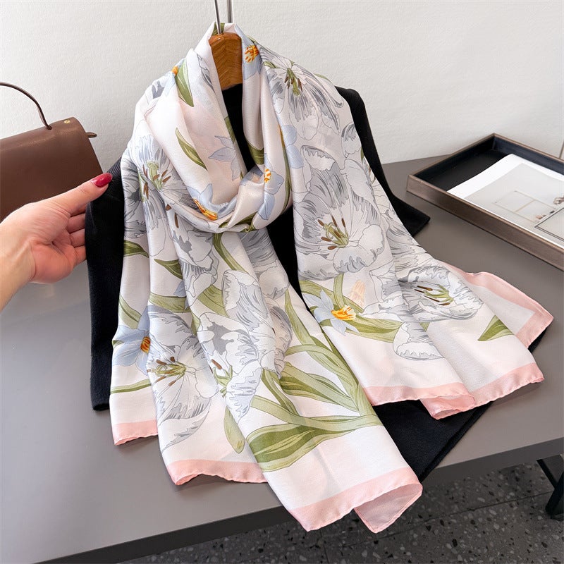 Korean-Style Floral Imitation Silk New Satin Fashion Sun-Protective Spring and Summer Style Long Scarf Shawl Versatile Headscarf Scarf - Image 2