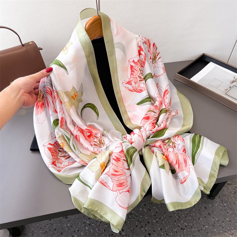 Korean-Style Floral Imitation Silk New Satin Fashion Sun-Protective Spring and Summer Style Long Scarf Shawl Versatile Headscarf Scarf - Image 5