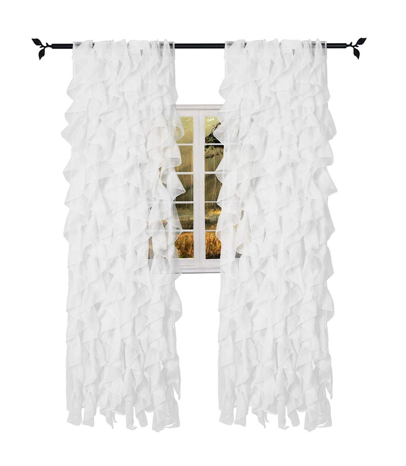 Seibeh Tex Cascade Farmhouse Shabby Chic Sheer Voile Vertical Ruffled Waterfall Window for Bedroom Living Room Curtain Panel 2 PanelsWhite 5084