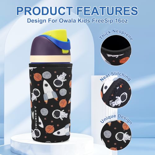 Amintiri Cute Sleeve for Owala Kids FreeSip 16 oz Thick Neoprene Cover Compatible with Owala 16 oz Water Bottle Scratch Resistant Sleeve for Boys Girls to School AstronautSpaceship 16 Ounces - Image 3